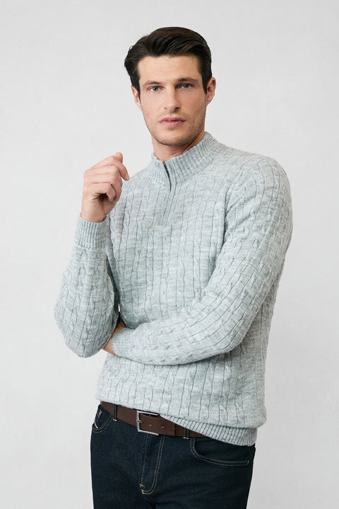 Light Grey Melange Half Turtleneck Zip-Up Regular Fit Patterned Knit Sweater
