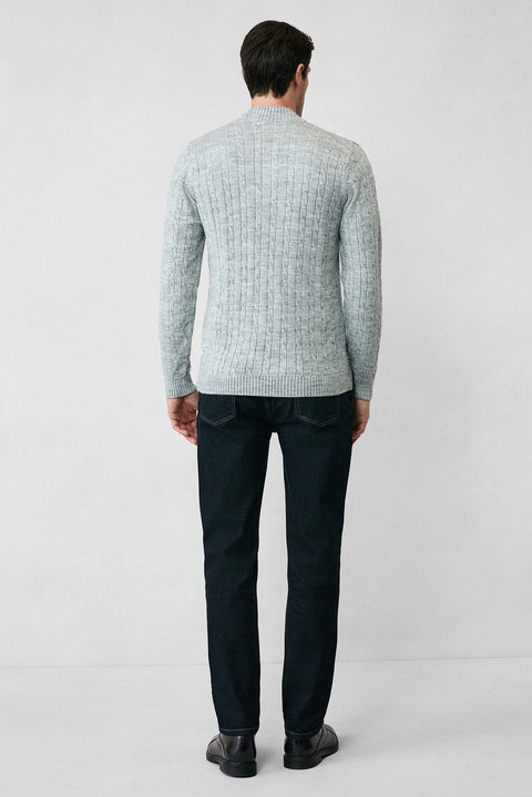 Light Grey Melange Half Turtleneck Zip-Up Regular Fit Patterned Knit Sweater