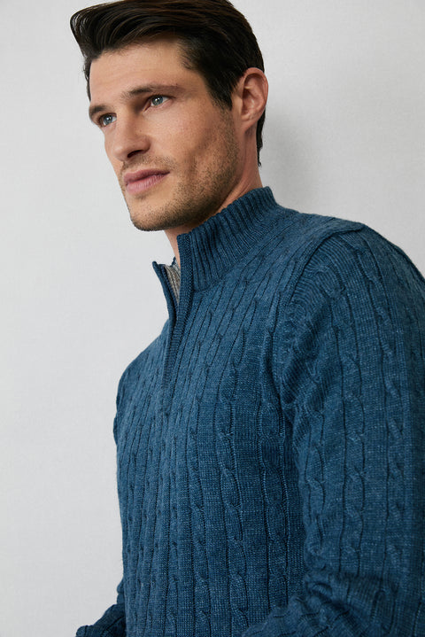 Indigo Half Turtleneck Zip-Up Regular Fit Patterned Knit Sweater