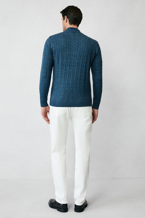Indigo Half Turtleneck Zip-Up Regular Fit Patterned Knit Sweater