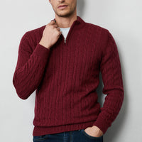 Dark Burgundy Half Turtleneck Zip-Up Regular Fit Patterned Knit Sweater