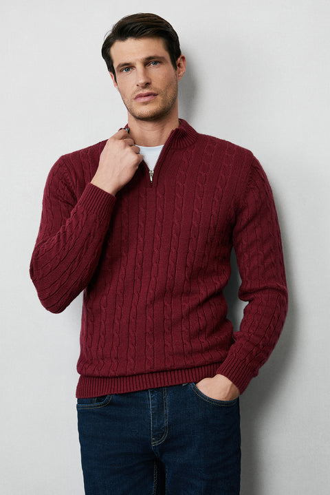 Dark Burgundy Half Turtleneck Zip-Up Regular Fit Patterned Knit Sweater
