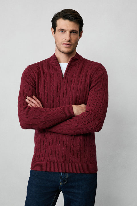 Dark Burgundy Half Turtleneck Zip-Up Regular Fit Patterned Knit Sweater