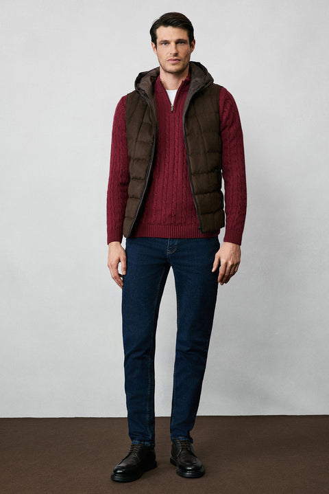 Dark Burgundy Half Turtleneck Zip-Up Regular Fit Patterned Knit Sweater