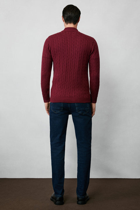 Dark Burgundy Half Turtleneck Zip-Up Regular Fit Patterned Knit Sweater