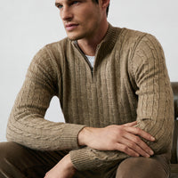 Medium Mink Half Turtleneck Zip-Up Regular Fit Patterned Knit Sweater