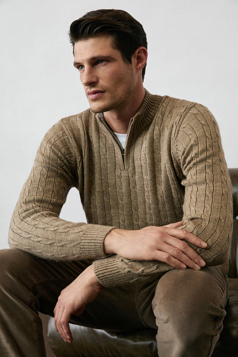 Medium Mink Half Turtleneck Zip-Up Regular Fit Patterned Knit Sweater