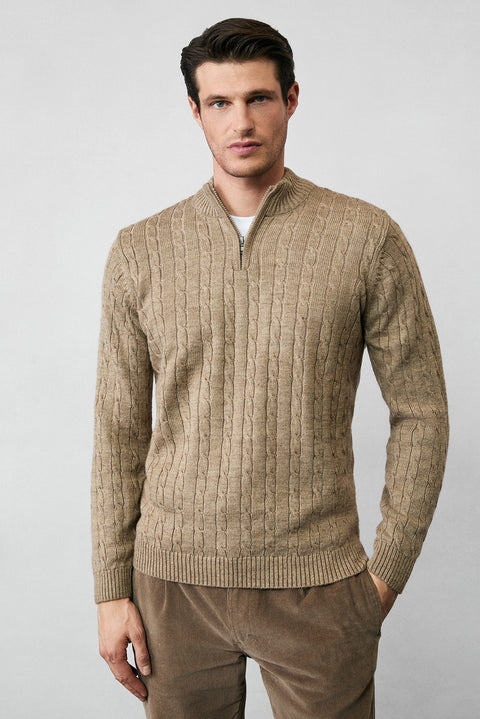 Medium Mink Half Turtleneck Zip-Up Regular Fit Patterned Knit Sweater