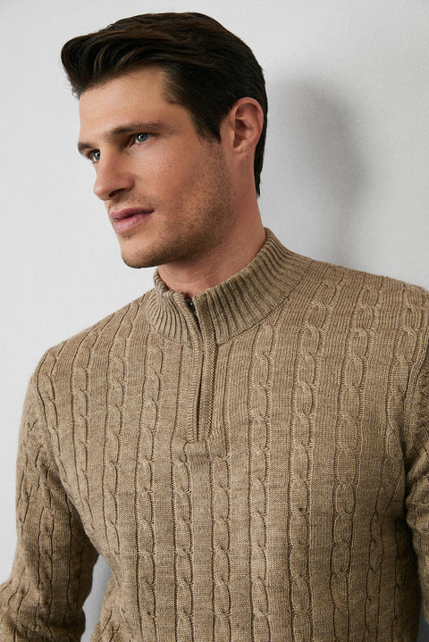 Medium Mink Half Turtleneck Zip-Up Regular Fit Patterned Knit Sweater