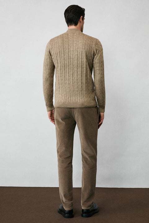 Medium Mink Half Turtleneck Zip-Up Regular Fit Patterned Knit Sweater