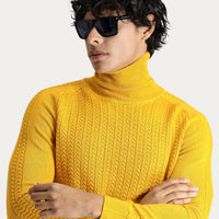 Dark Yellow Turtleneck Slim Fit Patterned Knit Sweater