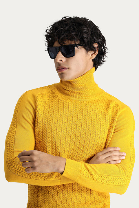 Dark Yellow Turtleneck Slim Fit Patterned Knit Sweater