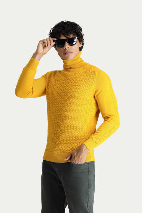 Dark Yellow Turtleneck Slim Fit Patterned Knit Sweater