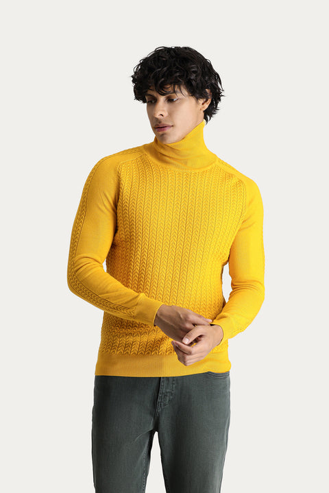 Dark Yellow Turtleneck Slim Fit Patterned Knit Sweater