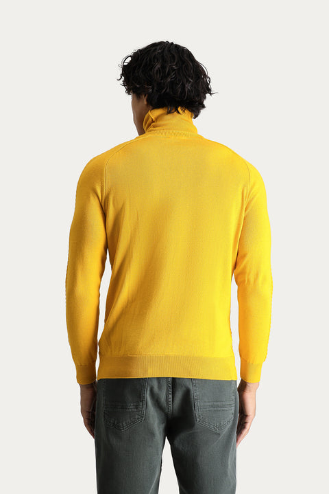 Dark Yellow Turtleneck Slim Fit Patterned Knit Sweater