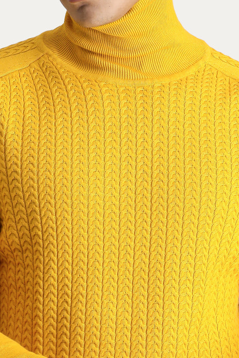 Dark Yellow Turtleneck Slim Fit Patterned Knit Sweater