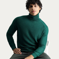 Dark Green Turtleneck Slim Fit Patterned Knit Sweater