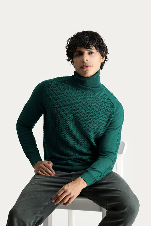Dark Green Turtleneck Slim Fit Patterned Knit Sweater