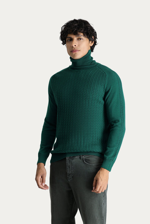 Dark Green Turtleneck Slim Fit Patterned Knit Sweater