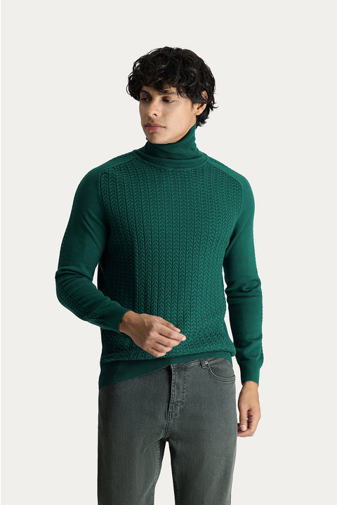 Dark Green Turtleneck Slim Fit Patterned Knit Sweater