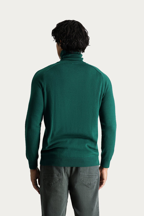 Dark Green Turtleneck Slim Fit Patterned Knit Sweater