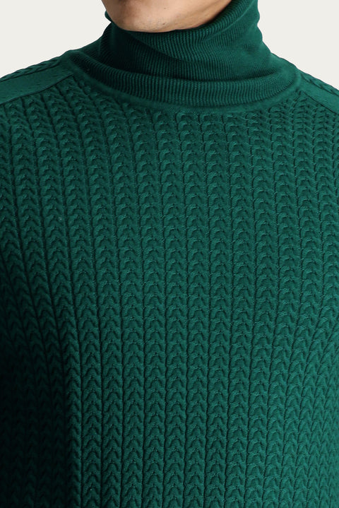 Dark Green Turtleneck Slim Fit Patterned Knit Sweater