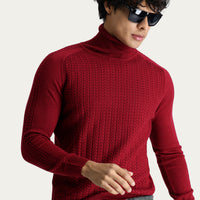Dark Red Turtleneck Slim Fit Patterned Knit Sweater
