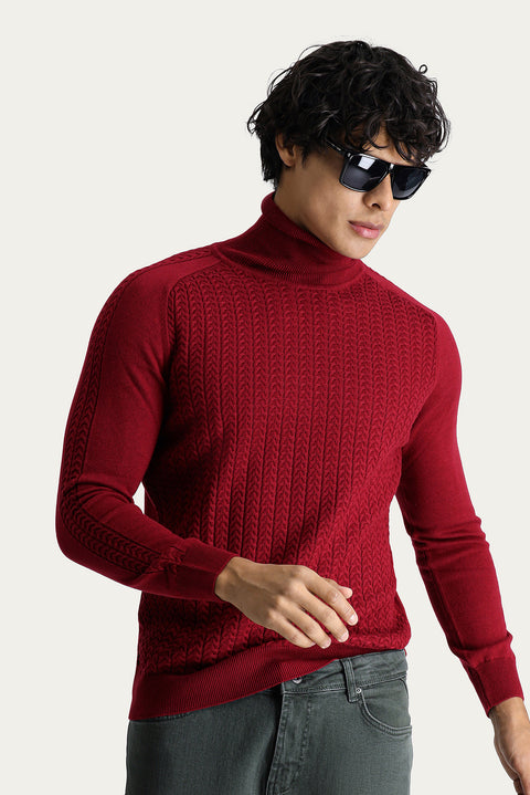 Dark Red Turtleneck Slim Fit Patterned Knit Sweater