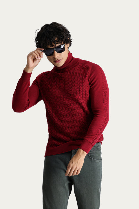 Dark Red Turtleneck Slim Fit Patterned Knit Sweater