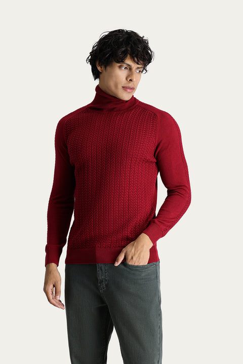 Dark Red Turtleneck Slim Fit Patterned Knit Sweater