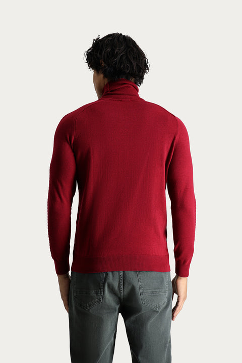 Dark Red Turtleneck Slim Fit Patterned Knit Sweater