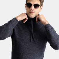 Dark Navy Turtleneck Slim Fit Patterned Wool Knit Sweater