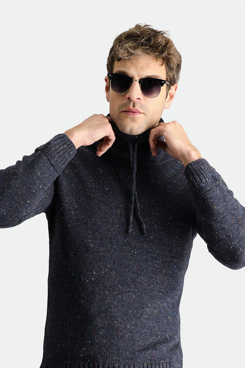 Dark Navy Turtleneck Slim Fit Patterned Wool Knit Sweater