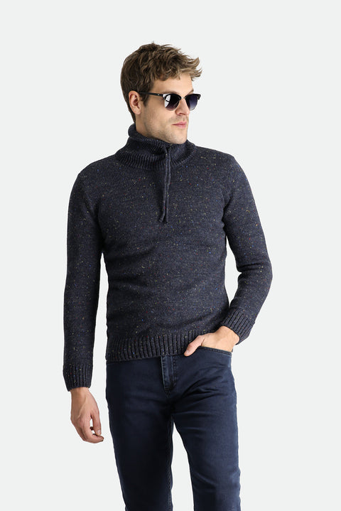 Dark Navy Turtleneck Slim Fit Patterned Wool Knit Sweater