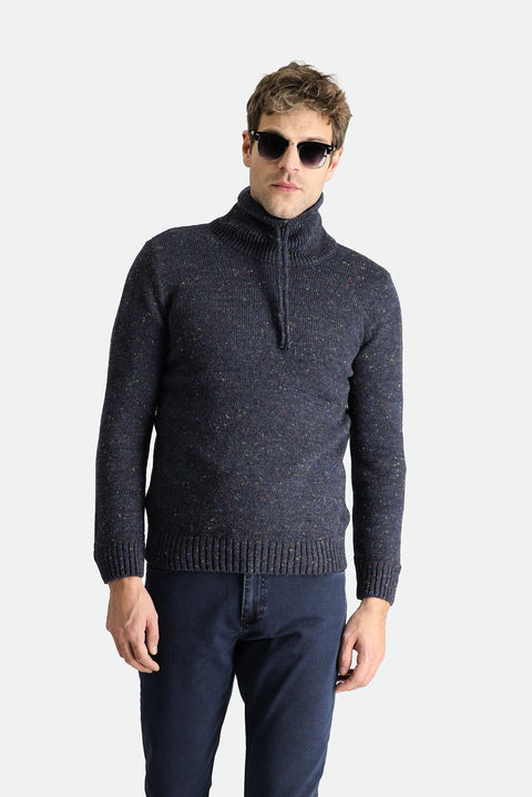 Dark Navy Turtleneck Slim Fit Patterned Wool Knit Sweater
