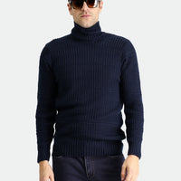 Dark Navy Turtleneck Slim Fit Patterned Knit Sweater