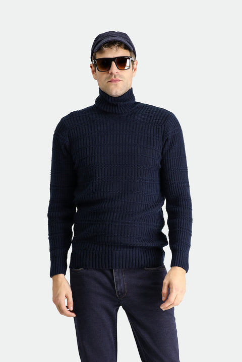 Dark Navy Turtleneck Slim Fit Patterned Knit Sweater