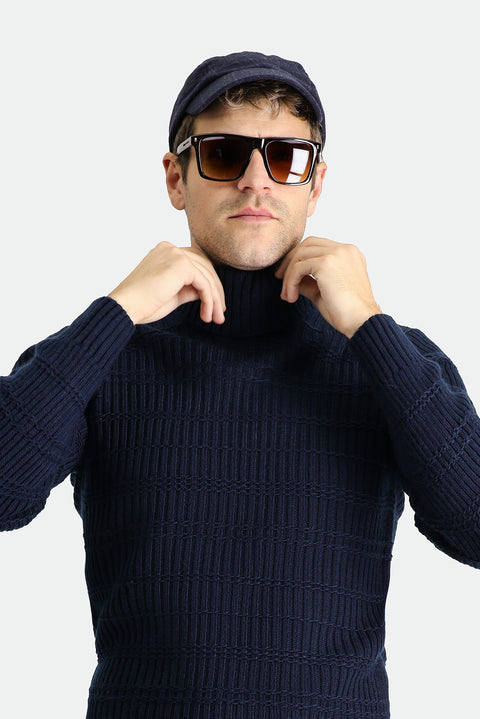 Dark Navy Turtleneck Slim Fit Patterned Knit Sweater