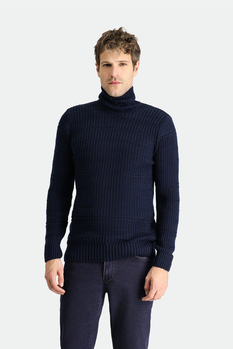 Dark Navy Turtleneck Slim Fit Patterned Knit Sweater
