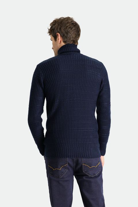 Dark Navy Turtleneck Slim Fit Patterned Knit Sweater