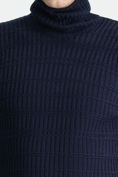 Dark Navy Turtleneck Slim Fit Patterned Knit Sweater