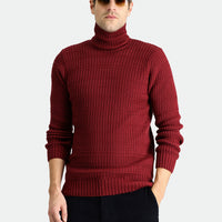 Dark Burgundy Turtleneck Slim Fit Narrow Cut Patterned Knit Sweater