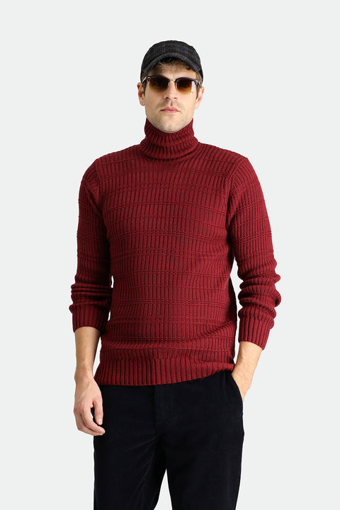 Dark Burgundy Turtleneck Slim Fit Narrow Cut Patterned Knit Sweater