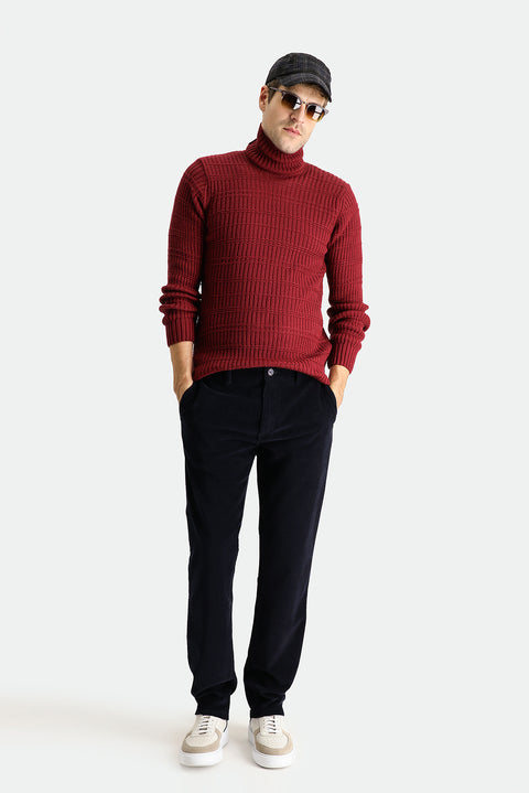 Dark Burgundy Turtleneck Slim Fit Narrow Cut Patterned Knit Sweater