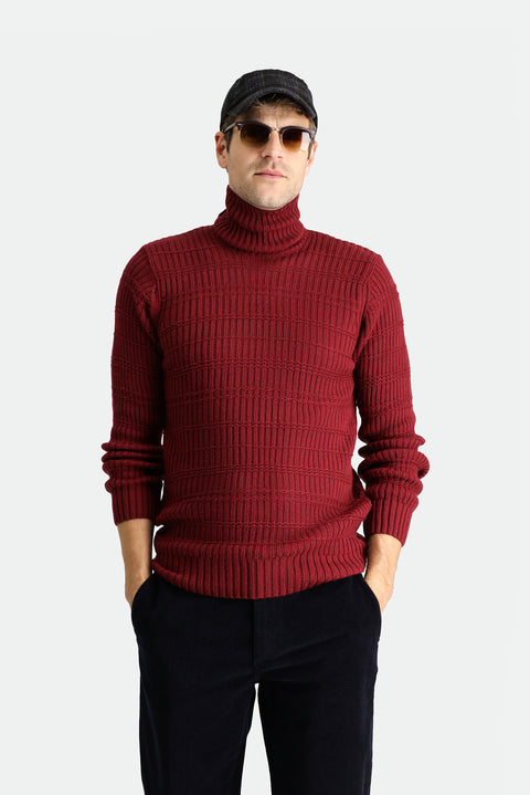 Dark Burgundy Turtleneck Slim Fit Narrow Cut Patterned Knit Sweater