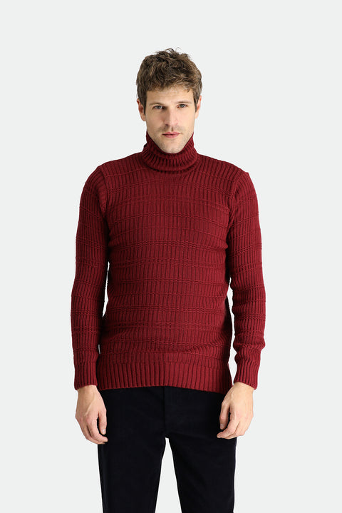 Dark Burgundy Turtleneck Slim Fit Narrow Cut Patterned Knit Sweater