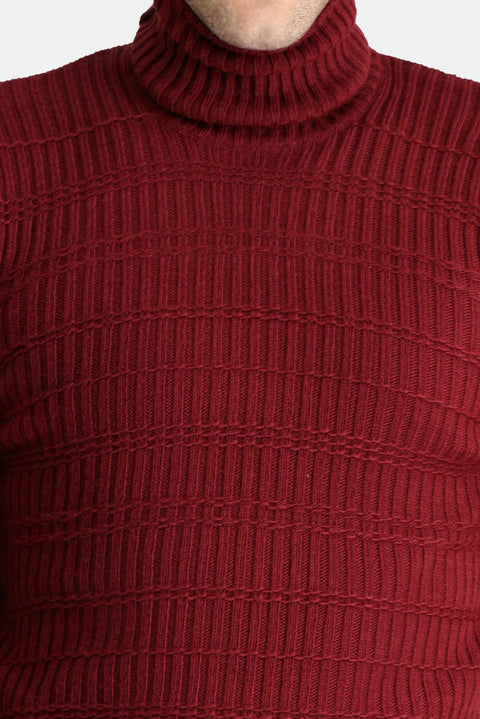 Dark Burgundy Turtleneck Slim Fit Narrow Cut Patterned Knit Sweater