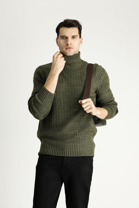 Orta Haki Balıkçı Yaka Slim Fit Dar Kesim Desenli Triko Kazak