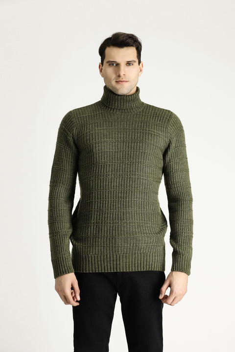 Orta Haki Balıkçı Yaka Slim Fit Dar Kesim Desenli Triko Kazak
