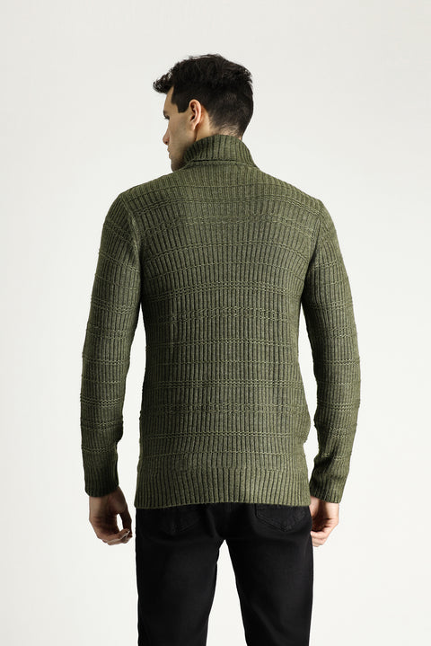 Orta Haki Balıkçı Yaka Slim Fit Dar Kesim Desenli Triko Kazak
